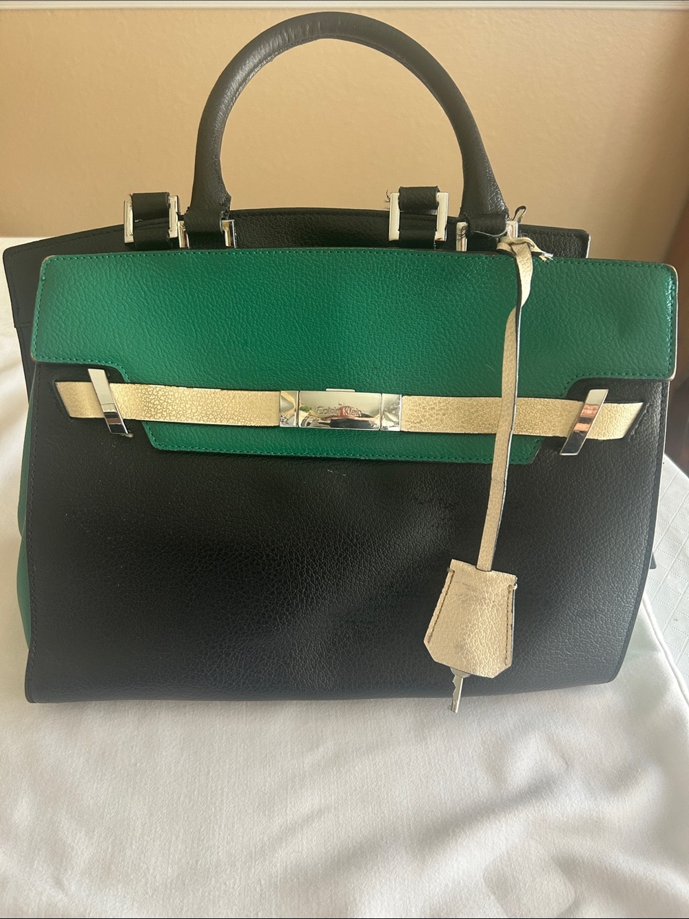 Calvin Klein Black and Green Top-Handle Satchel with Gold Accent